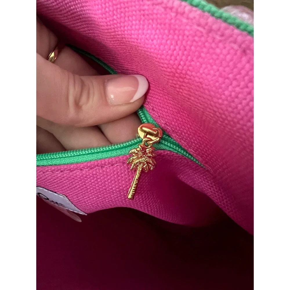 Lilly Pulitzer Tropical Frog Print Canvas Tote Bag Pink Green Palm Tree Zip